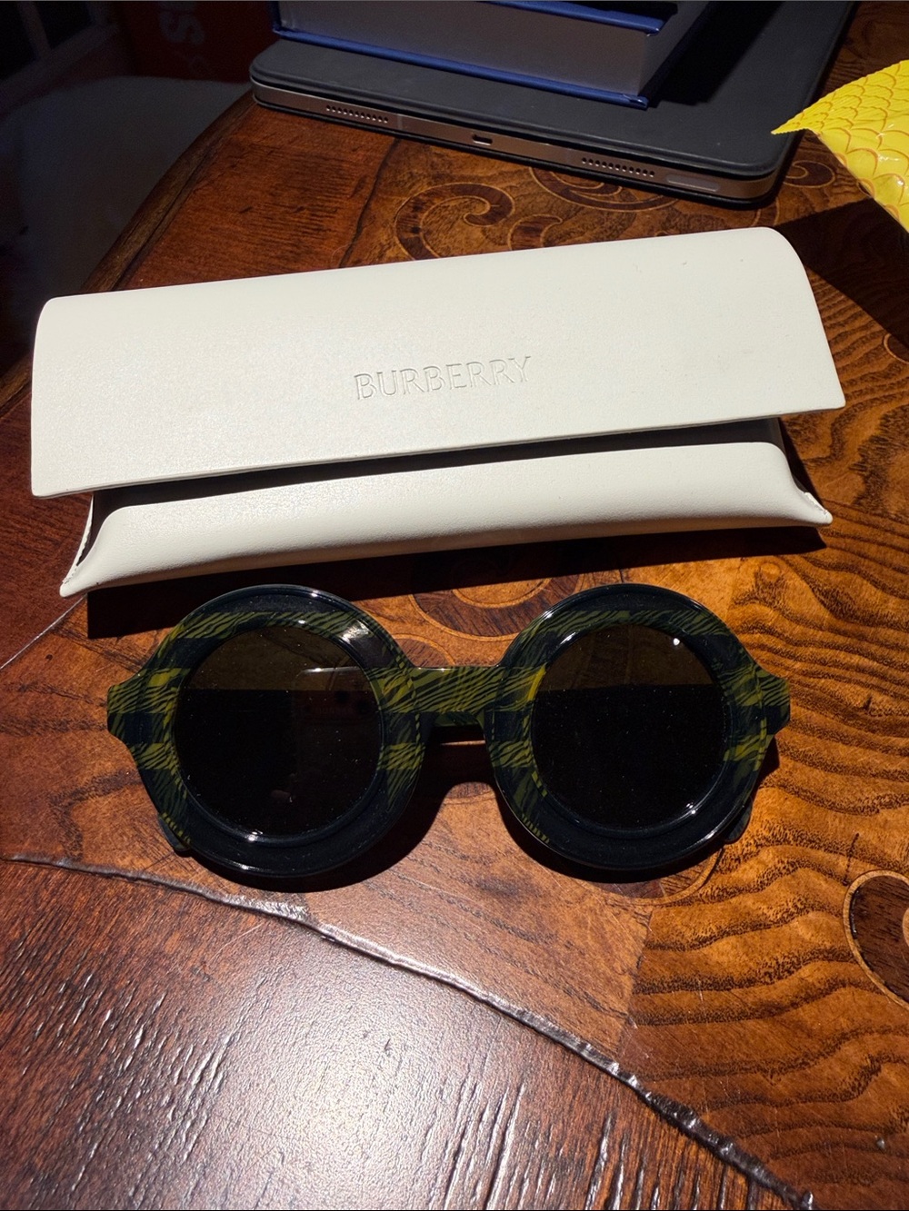 Burberry Round Plaid Sunglasses in Black and Olive Green